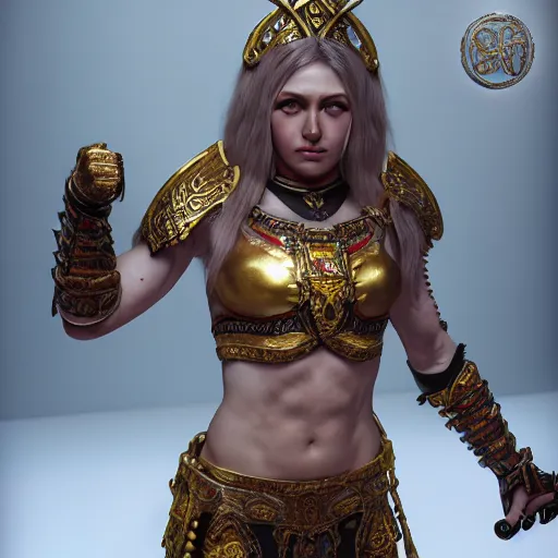 Image similar to a hyperrealistic render of a female valkryie, pronounced nordic feminine features, midriff, ornate metal chest plate with nordic religious decorations, low dutch angle, face in focus, natural lighting, realism, feminine and muscular, unreal engine 5, cinematic, octane