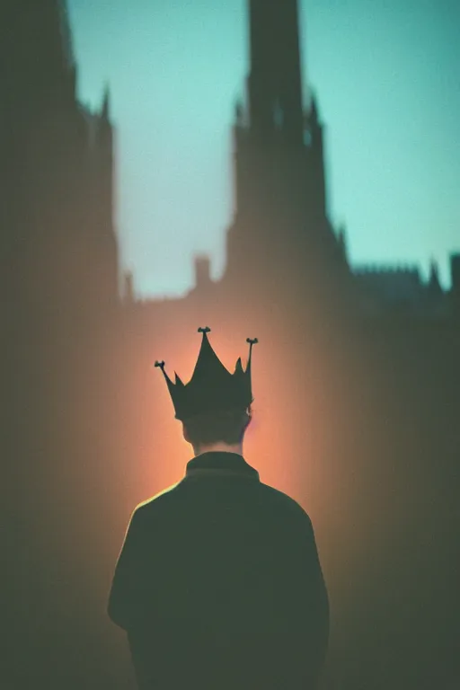 Image similar to agfa vista 4 0 0 photograph of a guy wearing an elaborate tall gothic crown, back view, synth vibe, vaporwave colors, lens flare, moody lighting, moody vibe, telephoto, 9 0 s vibe, blurry background, grain, tranquil, calm, faded!,