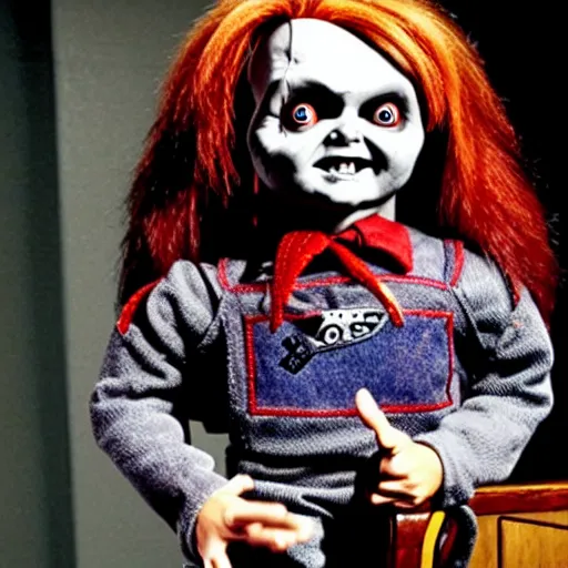 Image similar to Chucky the killer doll being held by Johnny Depp playing Charles Lee Ray