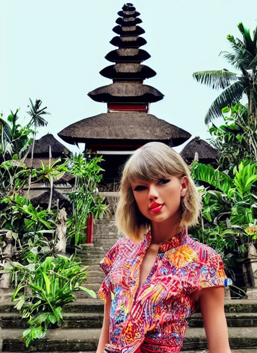 Prompt: taylor swift wearing batik bali in bali. temple background. front view. instagram holiday photo shoot, perfect faces