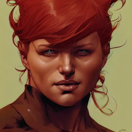 Image similar to a beautiful comic shot artwork portrait of a red-headed woman by Jerome Opeña, featured on artstation