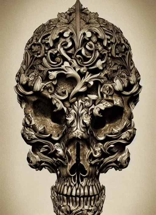 Image similar to hyper realistic photography of intricate baroque skull ornament relief leaves, cinematic, symmetric detailed, artstation, cgsociety