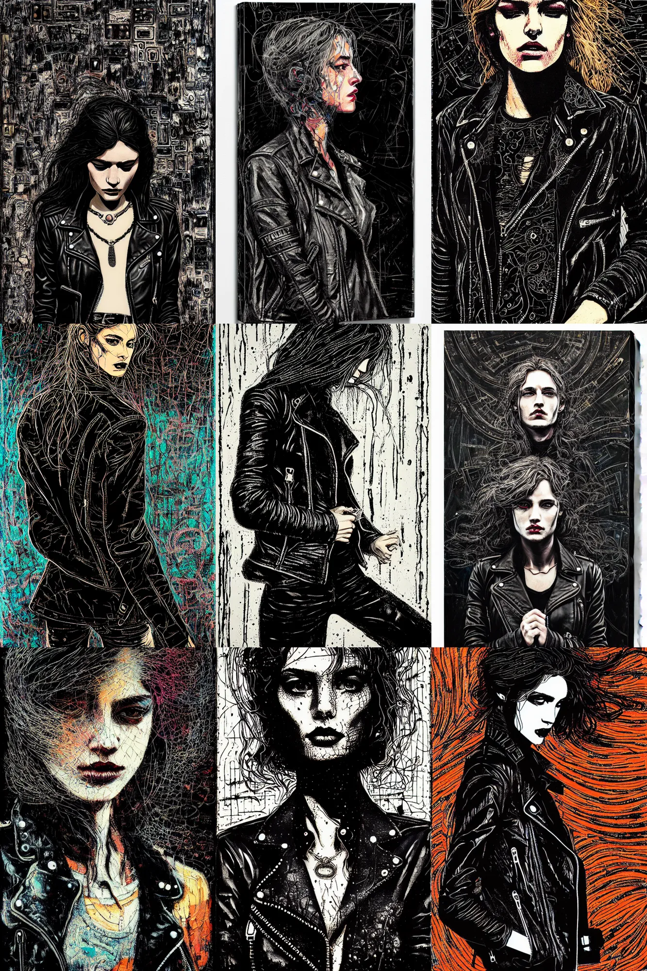 Prompt: dreamy rock girl, black leather jacket, detailed acrylic, grunge, intricate complexity, by dan mumford and by alberto giacometti, peter lindbergh