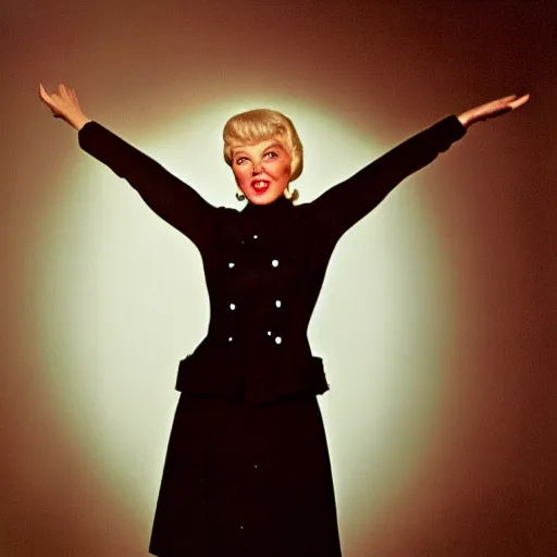 Prompt: Doris Day photoshoot, 1960s style, mod style, dramatic lighting, film camera, halo effect