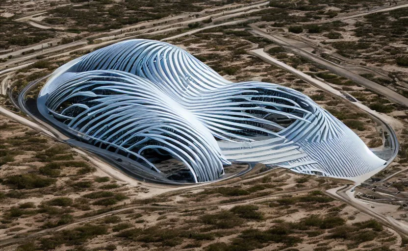 Image similar to parametric structure, medical complex, in the desert beside the gulf, view from above, design by toyo ito, dezeen, architectural photography