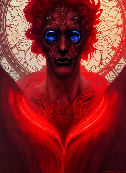 Prompt: the god hades, red hair, glowing eyes, volumetric lights, black and red scheme, art nouveau botanicals, gothic, intricate, highly detailed, digital painting, artstation, concept art, smooth, sharp focus, symmetric face, illustration, steampunk, art by artgerm and greg rutkowski and alphonse mucha