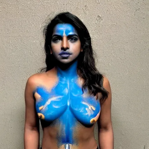 Prompt: priyanka chopbra as a blue - skinned indian goddess with six arms, symmetric, aesthetic!!!, cosplay, studio lighting, beautiful symmetric face, clean composition, highly symmetric body parts, gazing eyes, blue skin, blue body paint