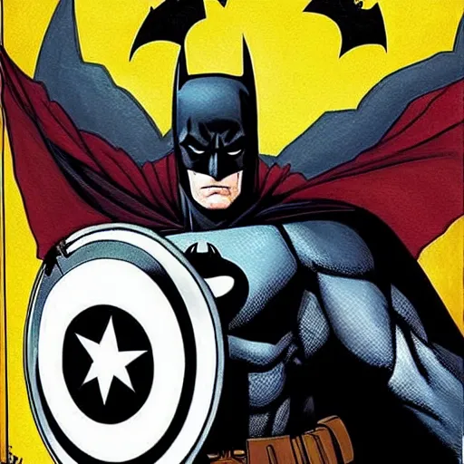 Image similar to high quality art of batman with captain's america shield in his hand