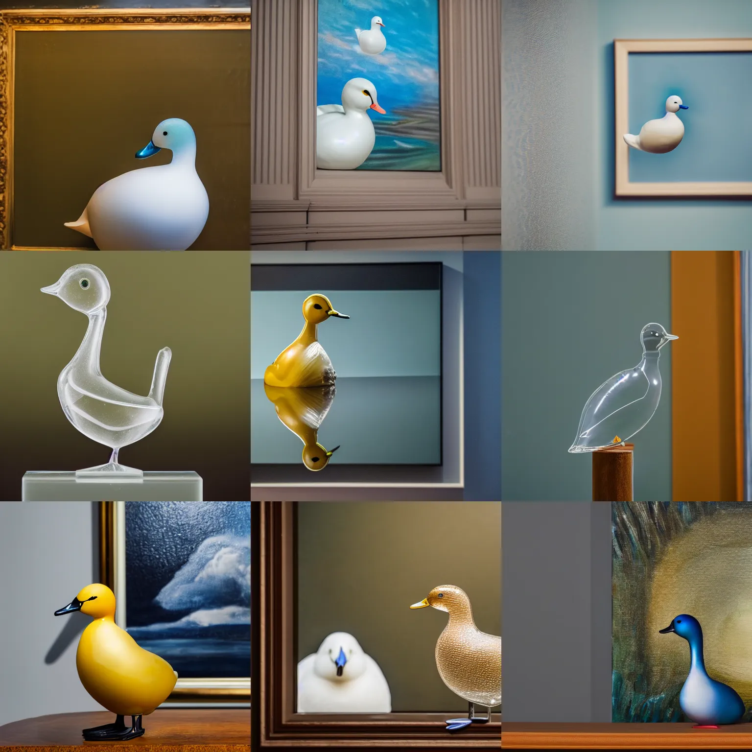 Prompt: a close up photo of a transparent glass duck in front of a painting, professional photography, sigma 8 5 mm f / 8