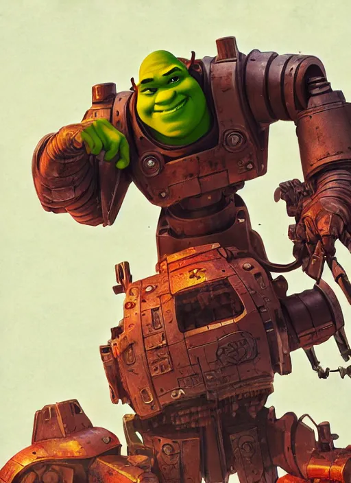 Image similar to shrek as a giant war robot. ultra detailed, close - up, by conrad roset, takato yomamoto, jesper ejsing, masamune shiro, ukiyo - e, 8 k resolution, octane render, high quality, professional artwork