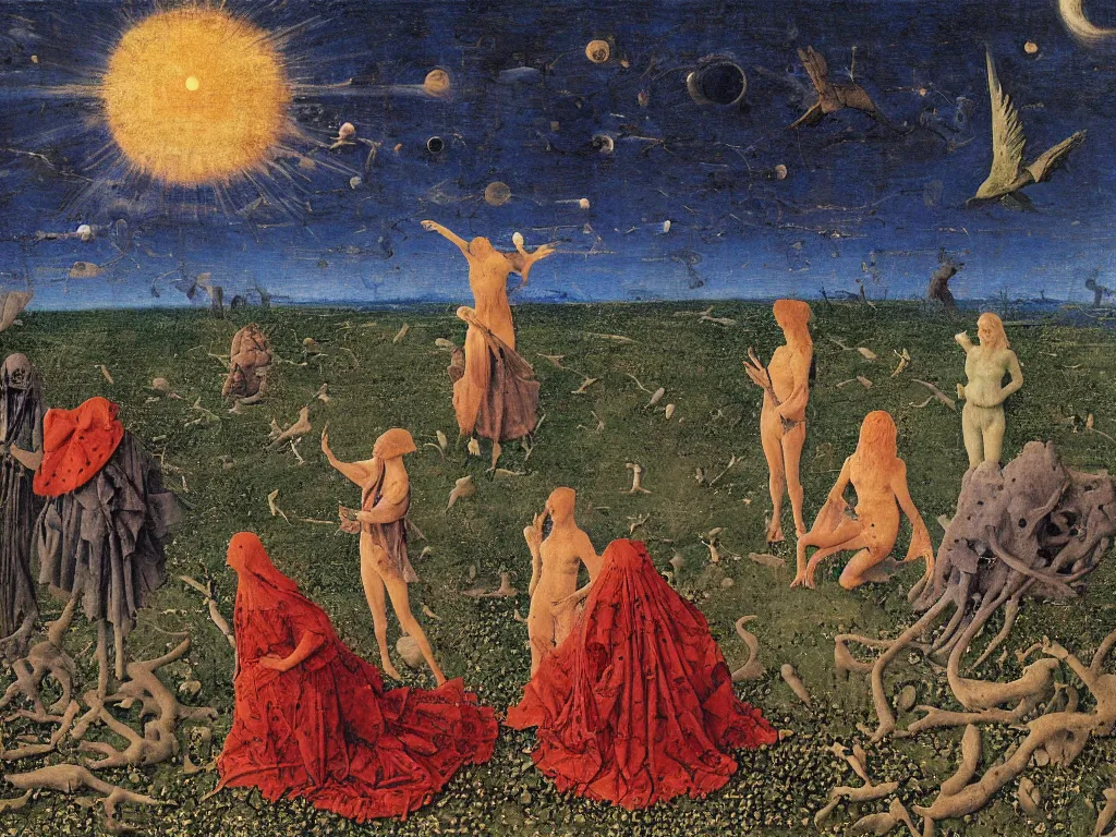 Image similar to the limitless plains of reptilian sorrow. Night of the star gazer. God trapped in the mud. Flock of birds. Painting by Jan van Eyck, Fra Filippo Lippi, Rene Magritte, Agnes Pelton, Max Ernst, Beksinski