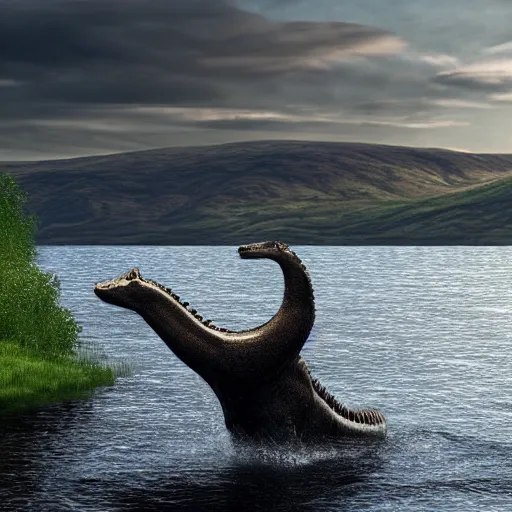 Prompt: realistic photo of the loch ness monster in a beautiful eery day, swimming in a big loch in north scotland. hypermaximalistic, high details, cinematic, 8 k resolution, beautiful detailed, insanely intricate details, artstation trending, octane render, unreal engine