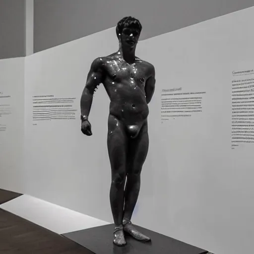 Image similar to “a realistic detailed photo of a guy who is an attractive humanoid who is half robot and half humanoid, who is a male android, British diver Chris Mears, shiny skin, posing like a statue, blank stare, at the museum, on display”