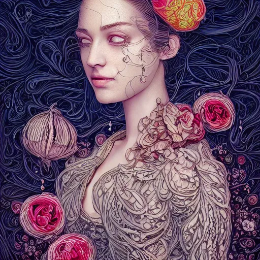 Image similar to the portrait of an absurdly beautiful, graceful, elegant, and sophisticated young woman made of garlic bulbs, an ultrafine detailed illustration by james jean, intricate linework, bright colors, final fantasy, behance contest winner, vanitas, angular, altermodern, unreal engine 5 highly rendered, global illumination, radiant light, detailed and intricate environment