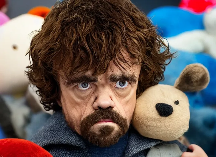 Image similar to peter dinklage hiding in stuffed animals at night, movie still, from the new toys r us movie, 8 k, realistic