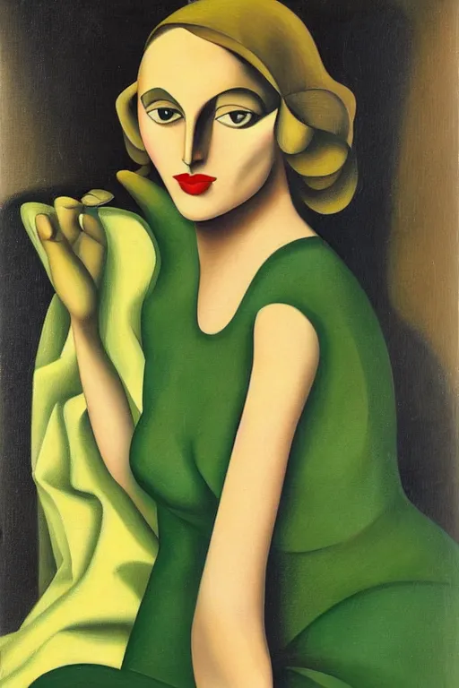 Prompt: olive skinned blonde female model in her twenties wearing a green dress by artist tamara de lempicka