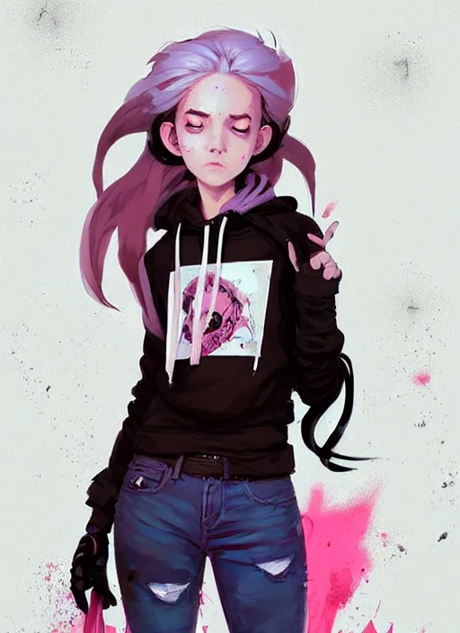 Image similar to highly detailed portrait of a urban punk lady student, blue eyes, hoodie, white hair by atey ghailan, by greg rutkowski, by greg tocchini, by james gilleard, by joe fenton, by kaethe butcher, gradient black, brown and pink color scheme, grunge aesthetic!!! ( ( graffiti tag wall background ) )