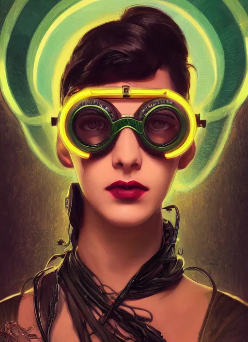 Image similar to a portrait of a dark haired woman, neon, retro, steampunk, goggles, smooth, sharp focus, centered in frame, rule of thirds, intricate, artstation, detailed concept art by Rutkowski and Mucha and sky sewa and Marc Simonetti