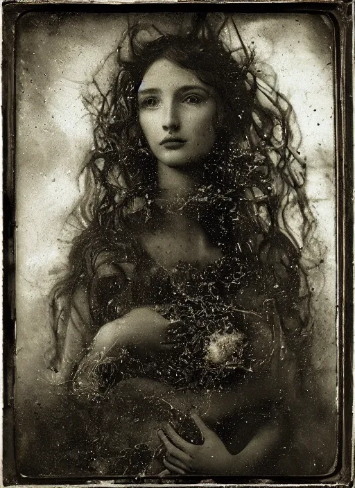 Image similar to old wetplate daguerreotype portrait of birth of venus, explosion of data fragments, fractal, intricate, elegant, highly detailed, parallax, leica, medium format, subsurface scattering, by jheronimus bosch and greg rutkowski and louis jacques mande daguerre