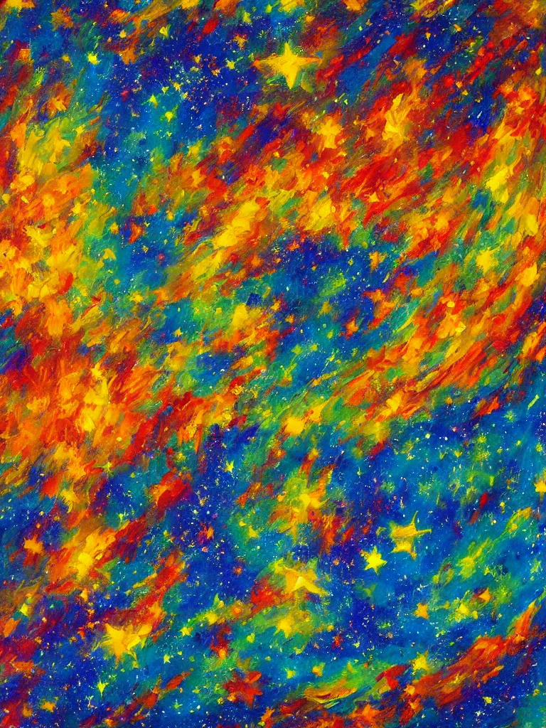 Image similar to an impasto oil painting of the universe expanting infinite with bright colors and shooting stars