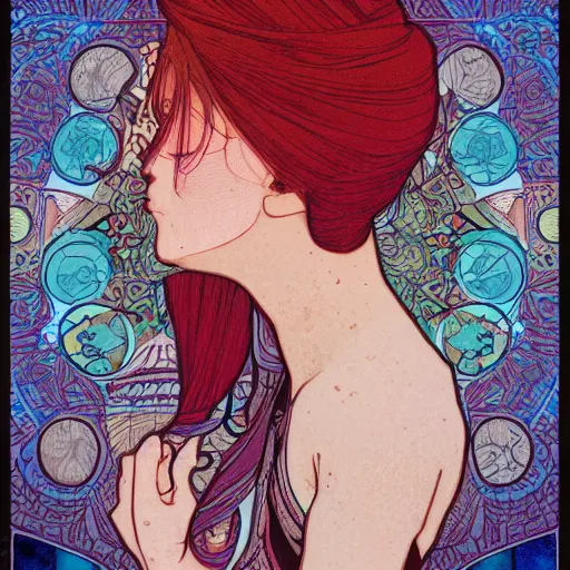 Prompt: the brittle. digital painting, vertical, intricate, beautiful, detailed, grunge, illustration, abstract art by mucha, trending on artstation. blue, dark red and dark purple color scheme, gradient darker to bottom