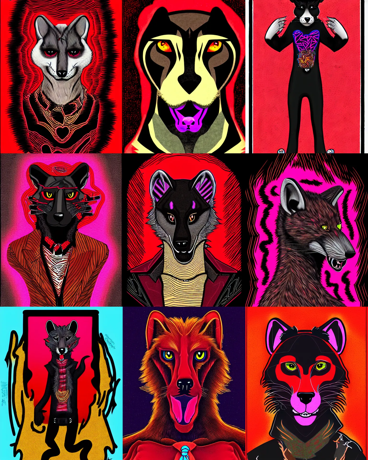 Prompt: handsome weasel fursona fullbody portrait, male, red - black, dark psychedelia style, refer to late timothy leary, schizophrenic art. dark and smoky