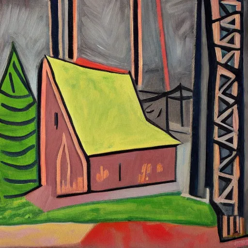 Prompt: a painting of a Eerie cabin in the middle of the woods in the style of Pablo Picasso
