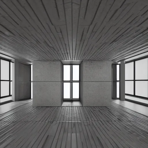 Image similar to symmetry, parallel perspective with center end point, parallax mapping of brutalist room, by maurits cornelis escher, octane render, high quality