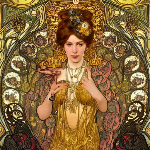 Prompt: realistic detailed dramatic symmetrical portrait of beast with a golden cup as Salome dancing, wearing an elaborate jeweled gown, by Alphonse Mucha and Gustav Klimt, gilded details, intricate spirals, coiled realistic serpents, Neo-Gothic, gothic, Art Nouveau, ornate medieval religious icon, long dark flowing hair spreading around her