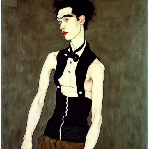 Image similar to full body painting of grumpy handsome thin beautiful man in his 2 0 s named min - jun in a french female maid outfit, modern clothing, elegant, clear, painting, stylized, delicate facial features, stylized thin lines, soft but grumpy, highly detailed, art, art by egon schiele