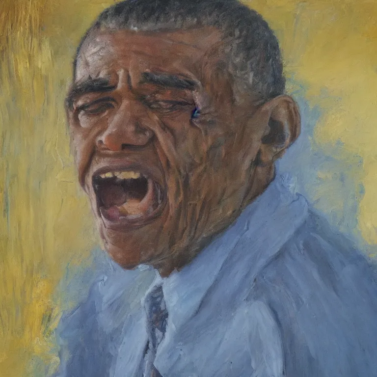 Image similar to warmly lit close up studio portrait of very old Barack Obama age 115 angrily singing, impasto oil painting thick brushstrokes by Cy Twombly and Elaine De Kooning , trending on artstation dramatic lighting Expressionism