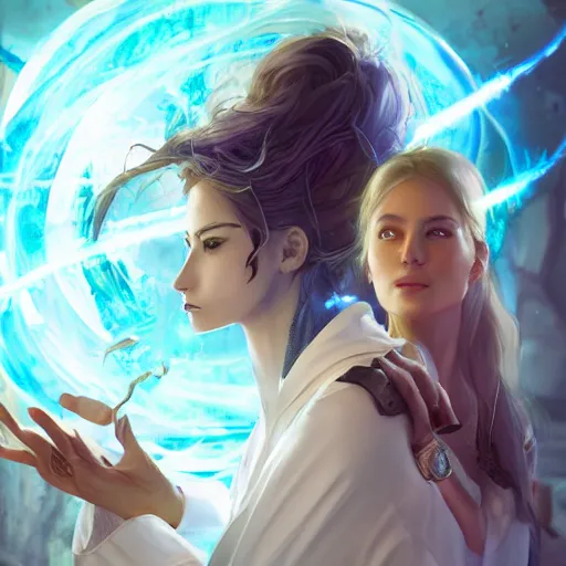Prompt: a female scientist and a sorceress meet at a rift between dimensions, made by stanley artgerm lau, wlop, rossdraws, artstation, cgsociety, concept art, cgsociety, octane render, trending on artstation, artstationhd, artstationhq, unreal engine, 4 k, 8 k,