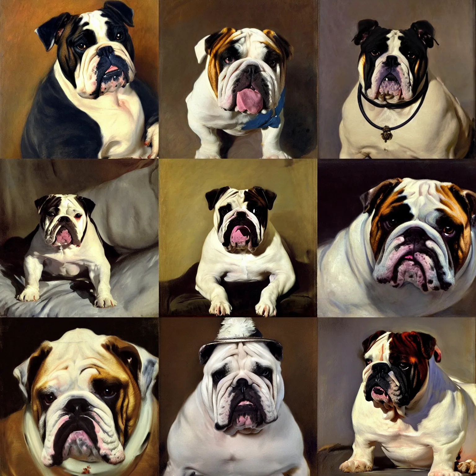 Prompt: the royal bulldog, drooling, sleepy eyes, incredible details, masterful technique, portrait painting by John Singer Sargent + Hero Johnson + Manet