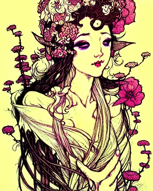 Prompt: burlesque elf, flowers in hair, fantasy character portrait, soft clouds, floral sunset, ultra realistic, concept art, intricate details, art nouveau, japanese woodblock, cinematic, highly detailed by arthur rackham