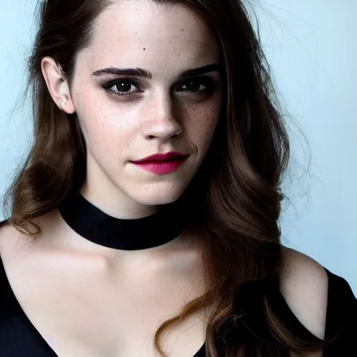 Prompt: a woman who is a genetic combination of emma watson and kat dennings face and upper - body focus