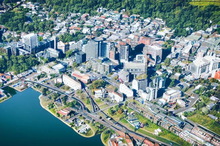 Image similar to bird's eye view photography of a small city. town hall, central farm, monorail station, beach and shipping dock. hills, woods and lake to the north.