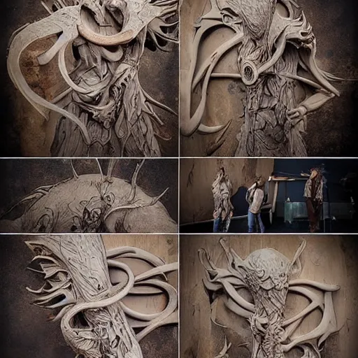 Prompt: angelarium, illithid, cthulhu, wooden sculpture by ellen jewett