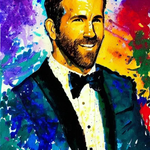 Image similar to ryan reynolds by leroy neiman, intricate, ultra detailed painting, atmospheric lighting, golden hour