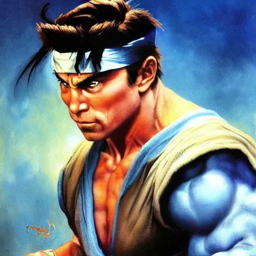Image similar to dax shepard as ryu from street fighter, painting by frank frazetta, 4 k, ultra realistic, highly detailed,