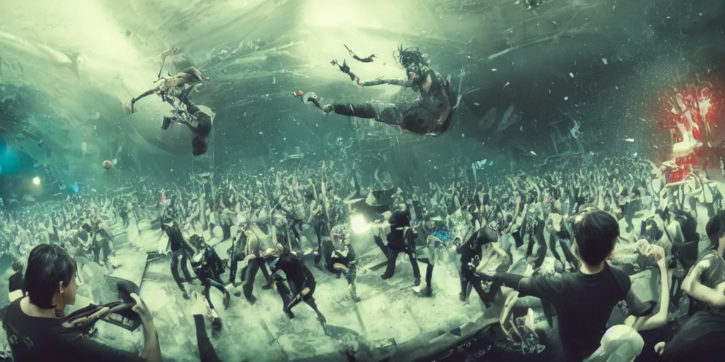 Image similar to An hardcore emo band playing a performance while there is a moshpit going on underwater, realistic digital art 4K, high quality, Greg Rutkowski, Zabrocki, Karlkka, Jayison Devadas, Phuoc Quan, trending on Artstation, 8K, ultra wide angle, zenith view, pincushion lens effect