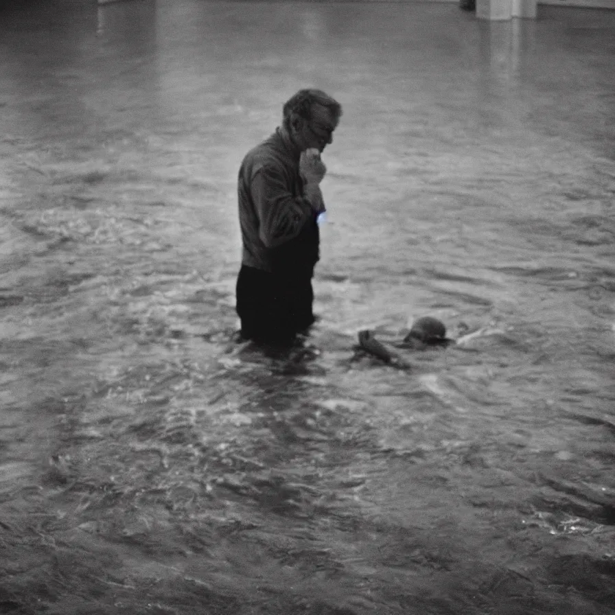 Image similar to 7 0 s movie still of an old man drowning in an empty soviet ballroom flooded in hands, cinestill 8 0 0 t 3 5 mm, heavy grain, high quality, high detail