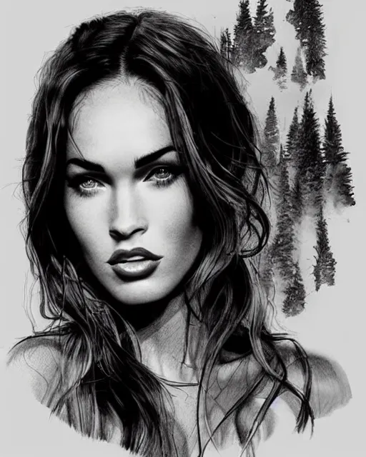 Image similar to megan fox face mash up with beautiful mountain scenery, in the style of dan mountford, tattoo sketch, double exposure, hyper realistic, amazing detail, black and white