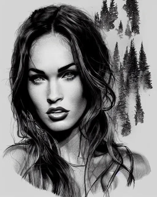 Prompt: megan fox face mash up with beautiful mountain scenery, in the style of dan mountford, tattoo sketch, double exposure, hyper realistic, amazing detail, black and white