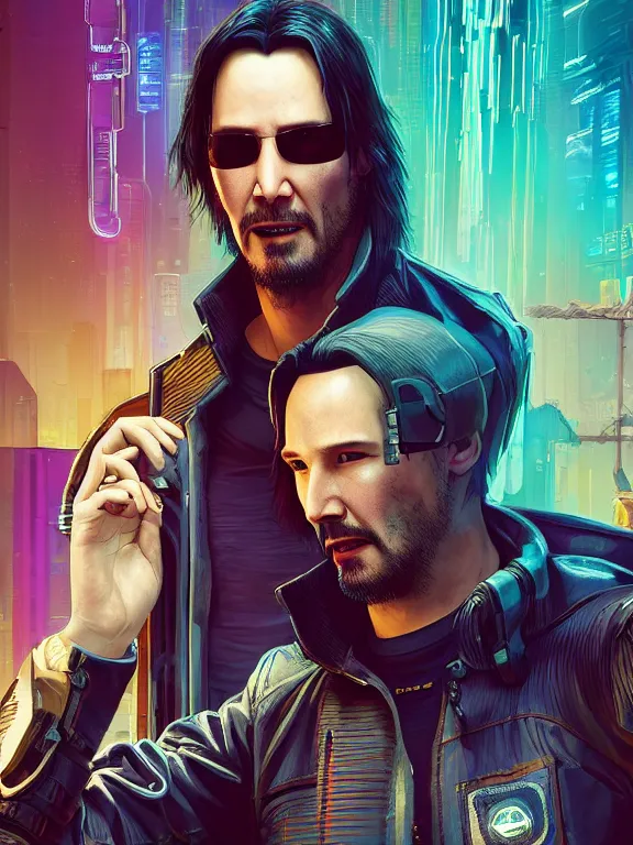 Image similar to a cyberpunk 2077 portrait of Keanu Reeves and V began a love story , electric cable , giant computer,film lighting,by laurie greasley,Lawrence Alma-Tadema,William Morris,Dan Mumford,trending on atrstation,FAN ART,full of color,Digital painting,face enhance,highly detailed,8K, octane,golden ratio,cinematic lighting