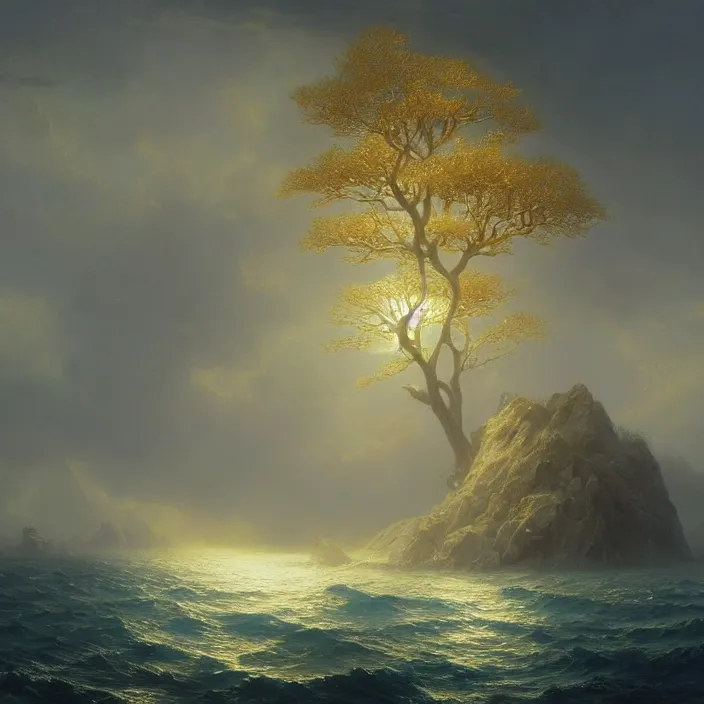 Image similar to a beautiful painting of the gold world tree on the sea by ivan aivazovsky and greg rutkowski and james gurney, in style of unreal engine 5. dark fantasy, elden ring, hyper detailed, sharp focus, soft light. unreal engine 5 lumen. ray tracing. trending on artstation.