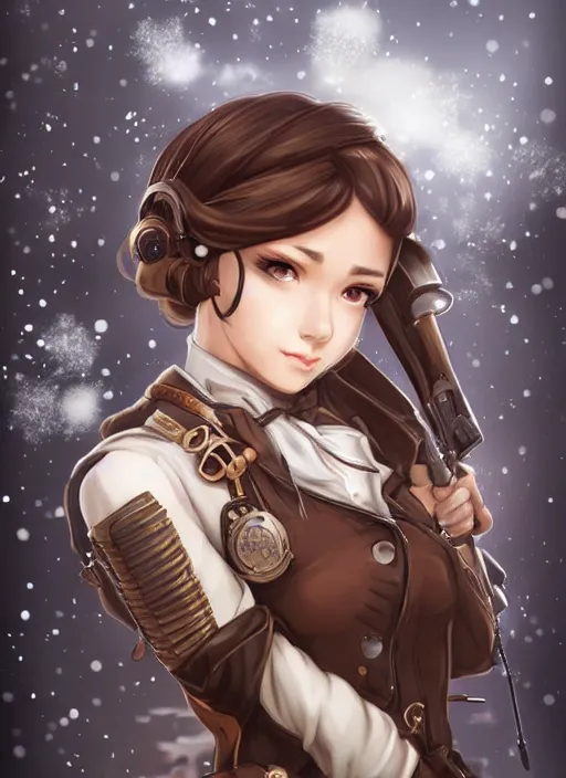 Image similar to girl with steampunk weapons and uniform, serious, intense, finely detailed, made by artgerm, ross tran, full body portrait, illustration, snow, snowing, cloudy, anime, side view, perfect anime face, realistic face, zoomed out, smooth, brown eyes, high waisted shorts