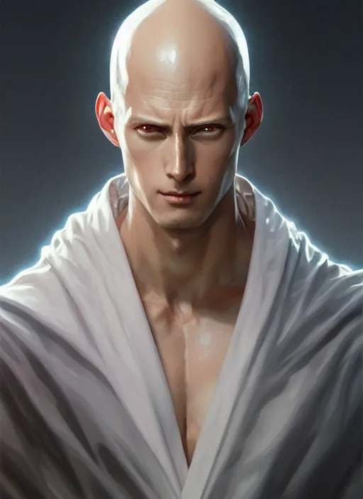 Image similar to ultra realistic illustration, handsome saitama. white cape, intricate, elegant, highly detailed, digital painting, artstation, concept art, smooth, sharp focus, illustration, art by artgerm and greg rutkowski and alphonse mucha and wlop