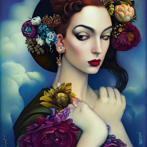 Image similar to dynamic composition, a painting of a woman with hair of flowers and raven plummage wearing ornate earrings, a surrealist painting by tom bagshaw and jacek yerga and tamara de lempicka and jesse king, featured on cgsociety, pop surrealism, surrealist, dramatic lighting, wiccan, pre - raphaelite, ornate gilded details