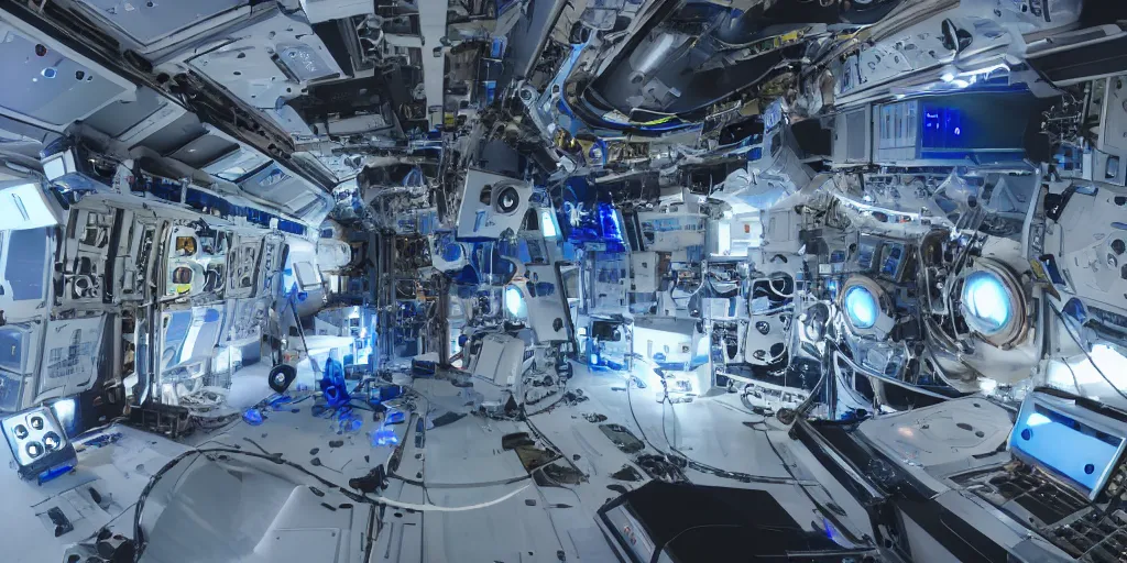 Image similar to giant speaker system music studio in the interior of an international space station. antimatter vacuum chamber particle accelerator robotic mecha modular synthesizer. photorealistic 35mm 4k cgsociety