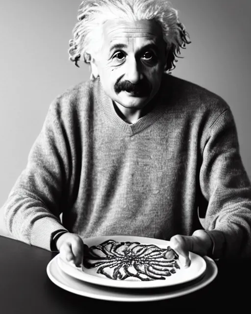 Prompt: a portrait of albert einstein sitting at the dining table with a plate containing jalebi in front of him, highly detailed, trending on artstation, bokeh, 9 0 mm, f / 1. 4